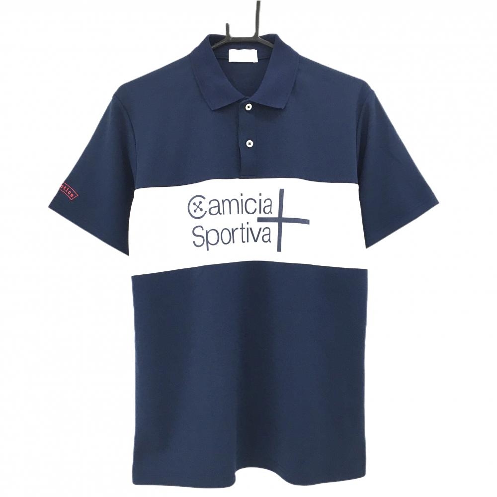 【美品】カミ―チャスポルティーバプラス 半袖ポロシャツ ネイビー×白 フロントロゴ メンズ 50 ゴルフウェア Camicia Sportiva +
