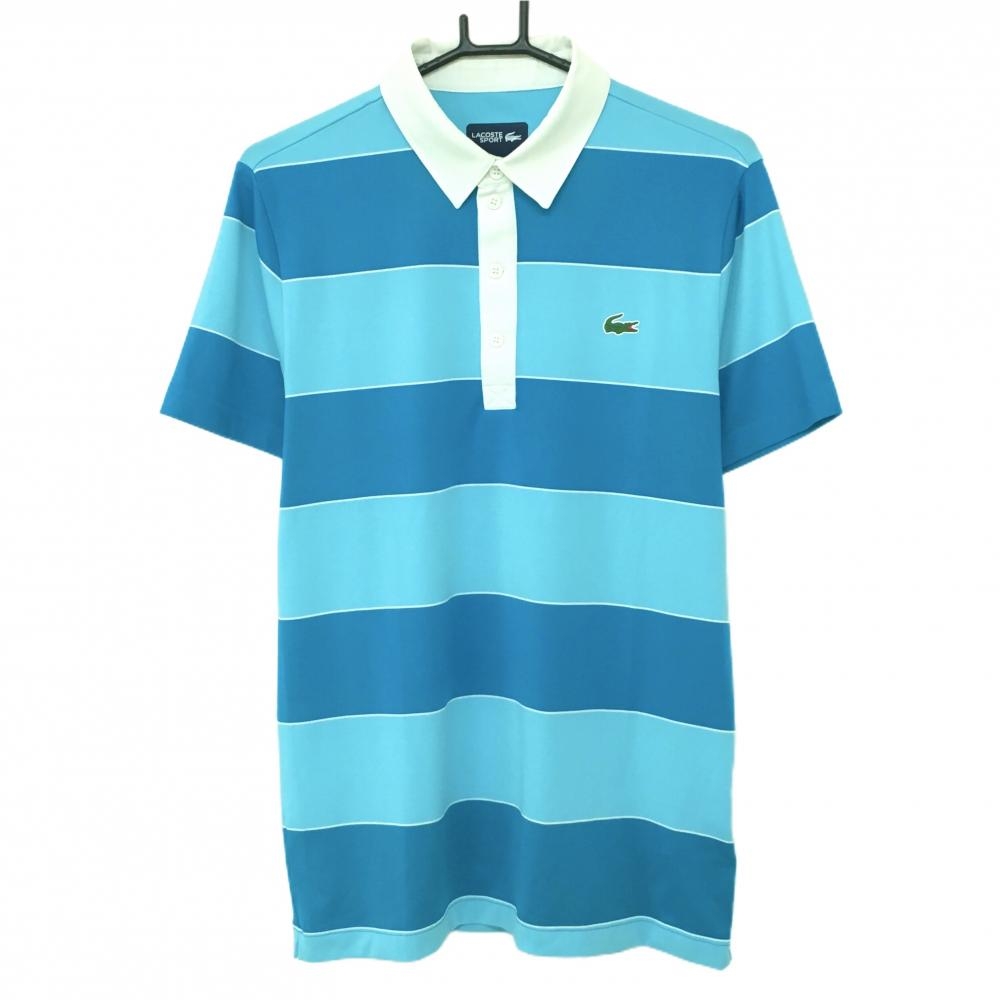 【美品】ラコステスポーツ 半袖ポロシャツ ブルー ボーダー  メンズ US-S ゴルフウェア LACOSTE SPORTS