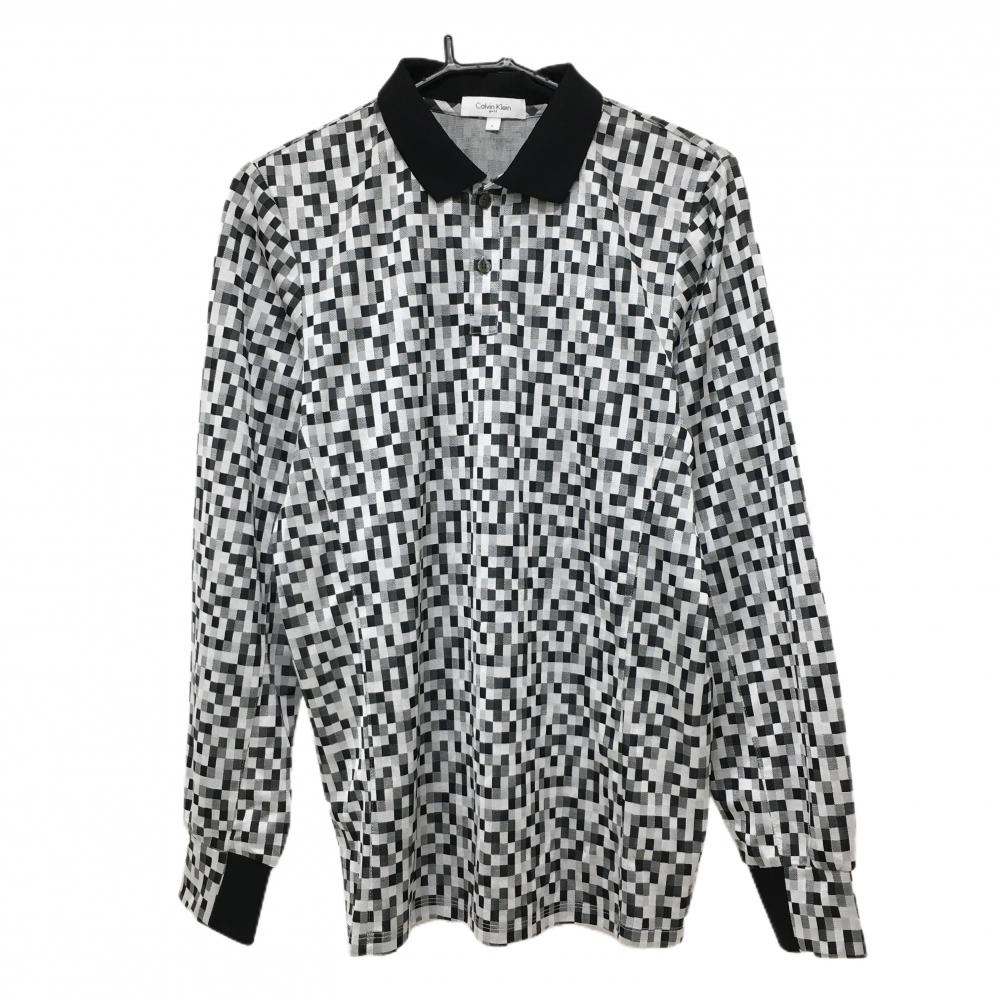 【超美品】カルバンクラインゴルフ 長袖ポロシャツ 黒×グレー スクエア総柄  メンズ L ゴルフウェア CALVIN KLEIN GOLF
