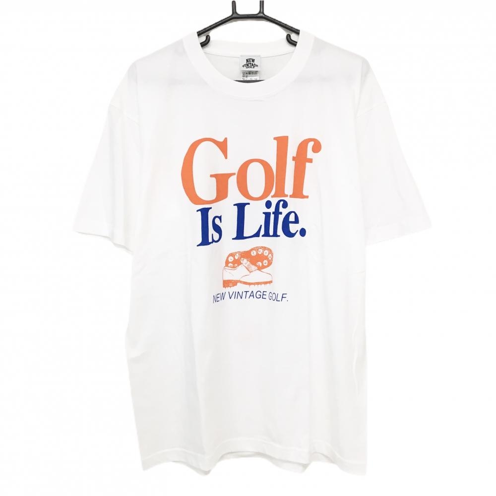 【超美品】ニュービンテージゴルフ Tシャツ 白×オレンジ×ブルー フロントロゴプリント メンズ XL ゴルフウェア NEW VINTAGE GOLF