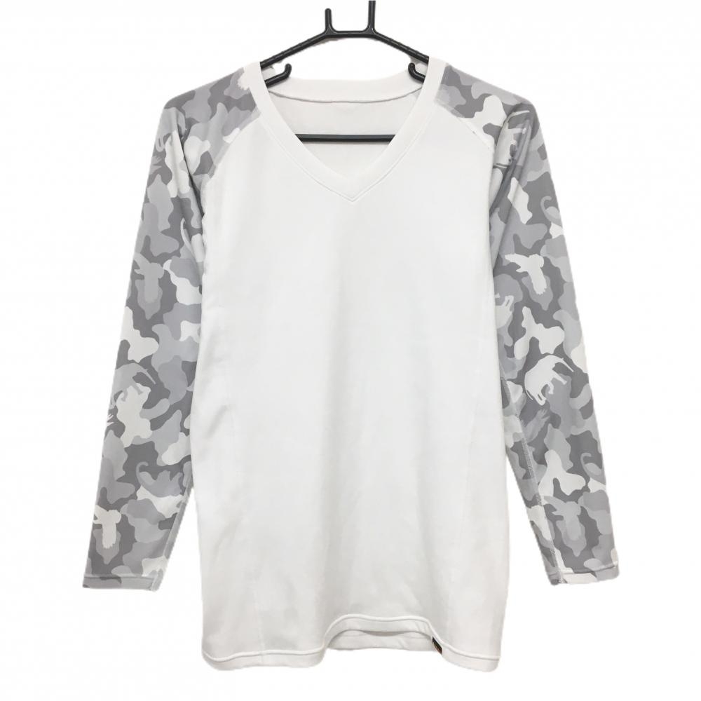 【超美品】ジーディーオーオリジナル 長袖Ｔシャツ 白×グレー 袖カモフラ柄 Vネック メンズ L ゴルフウェア GDO ORIGINAL