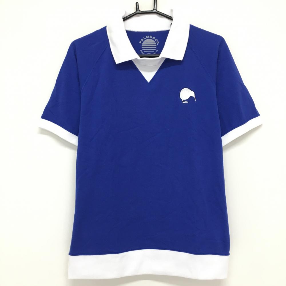 パームスアンドコー 襟付き半袖プルオーバー ブルー×白 綿100％  メンズ L ゴルフウェア PALMS＆CO 画像