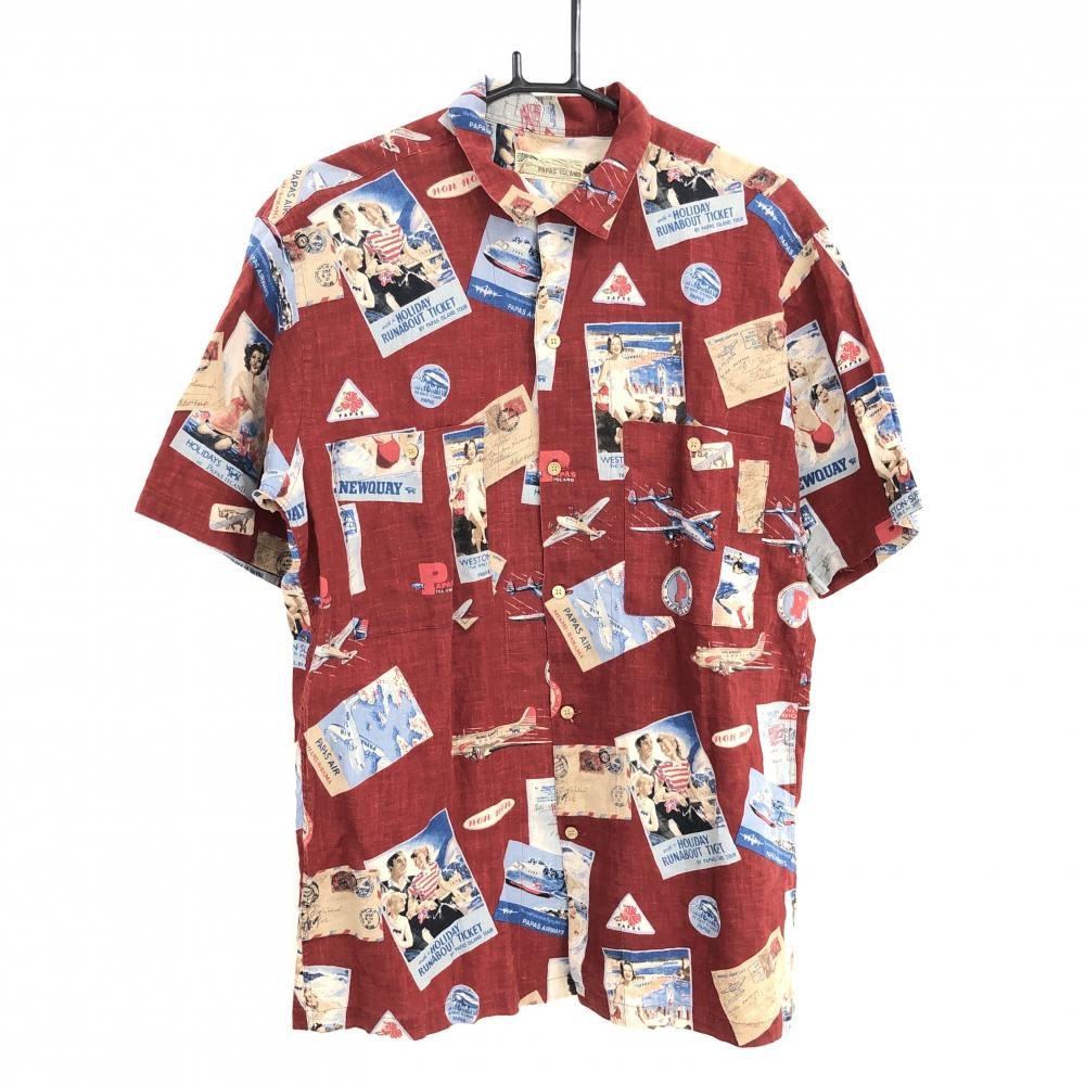 【超美品】パパスアイランド 半袖シャツ レッド×マルチカラー 総柄 飛行機 ハイビスカス 麻100％ メンズ M ゴルフウェア PAPAS ISLAND