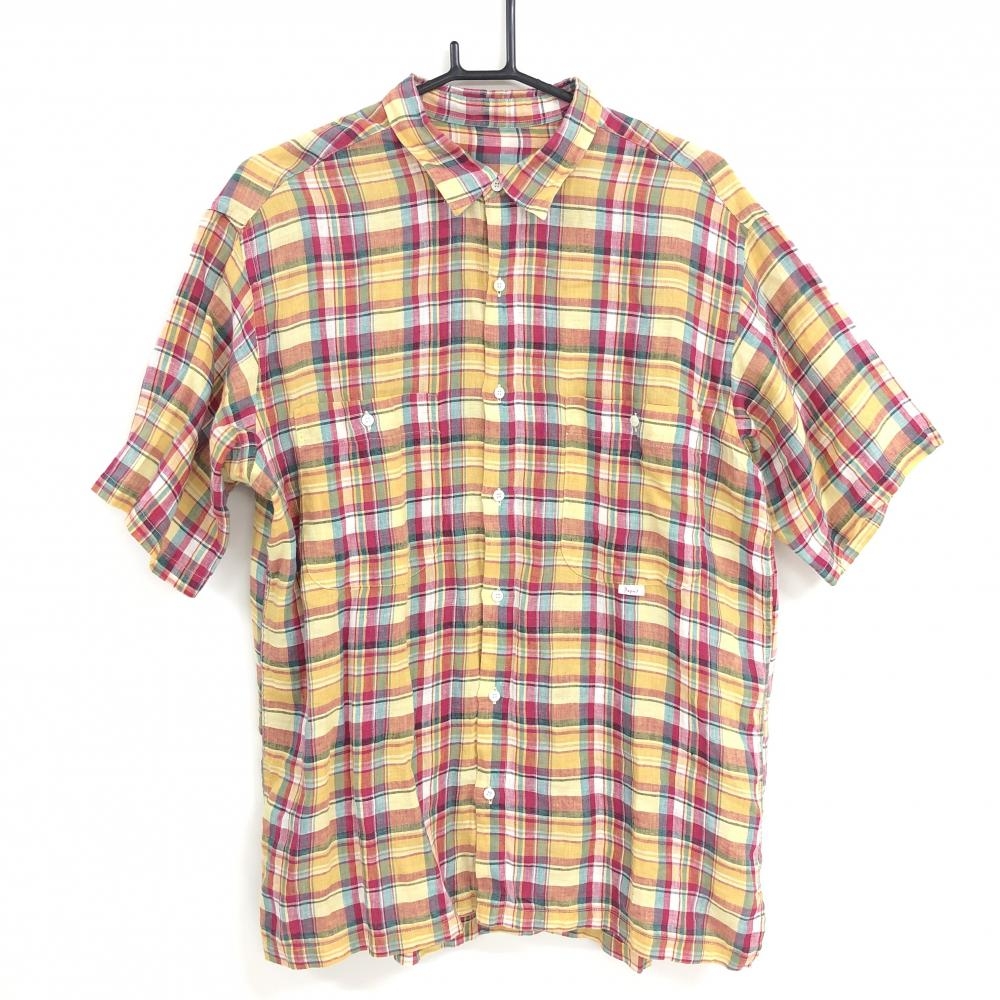 【美品】パパス 半袖シャツ イエロー×ピンク×グリーン チェック MANIERE DE HEMING 麻100％ メンズ M ゴルフウェア PAPAS
