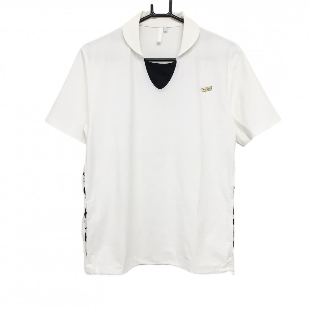 【美品】ロックデュード 襟付き半袖シャツ 白×黒 サイド星柄 襟下・サイドメッシュ ドローコード メンズ 03 ゴルフウェア ROCK DUDE