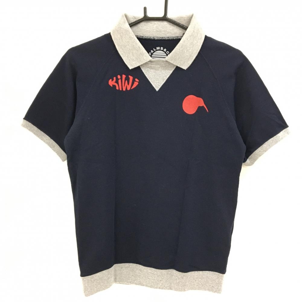 パームスアンドコー 襟付き半袖シャツ ネイビー×グレー バイカラー コットン混 メンズ S ゴルフウェア PALMS&CO.