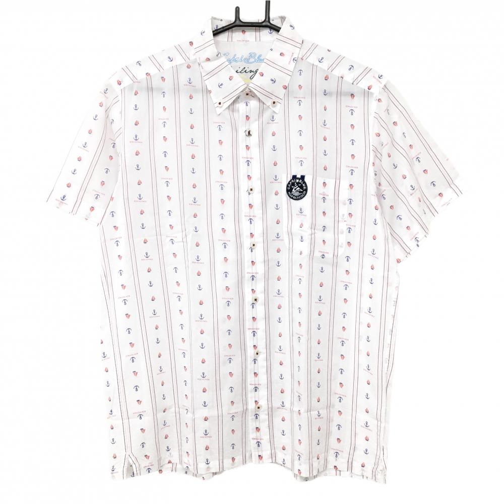 【美品】カプリブルー 半袖シャツ 白×ネイビー系×レッド系 総柄 ヨット イカリ ストライプ調 メンズ 48 ゴルフウェア CAPRI BLUE