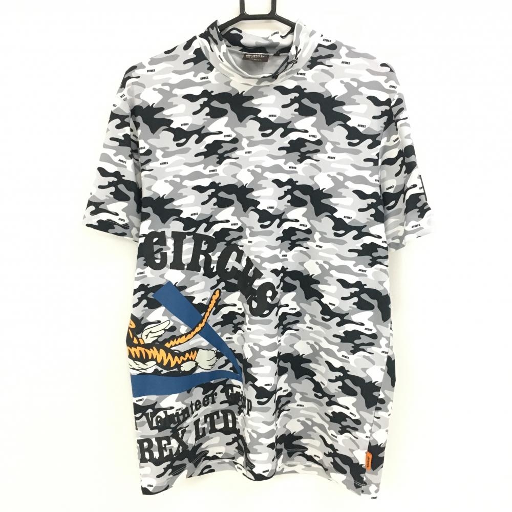 【美品】アヴィレックス 半袖ハイネックシャツ 白×グレー カモフラ柄 迷彩 タイガー メンズ L ゴルフウェア AVIREX