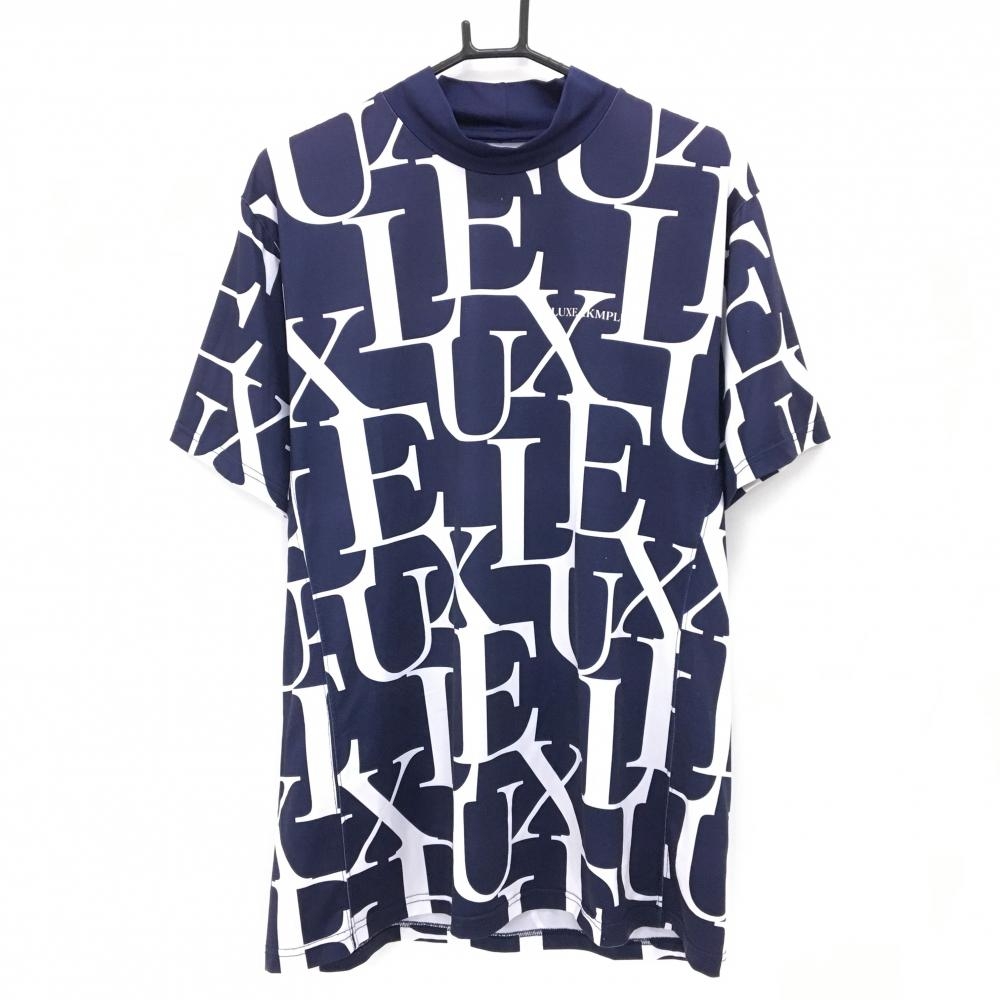 リュクスエイケイエムプラス 半袖ハイネックシャツ ネイビー×白 ロゴ総柄 ストレッチ  メンズ XL ゴルフウェア LUXEAKMPLUS