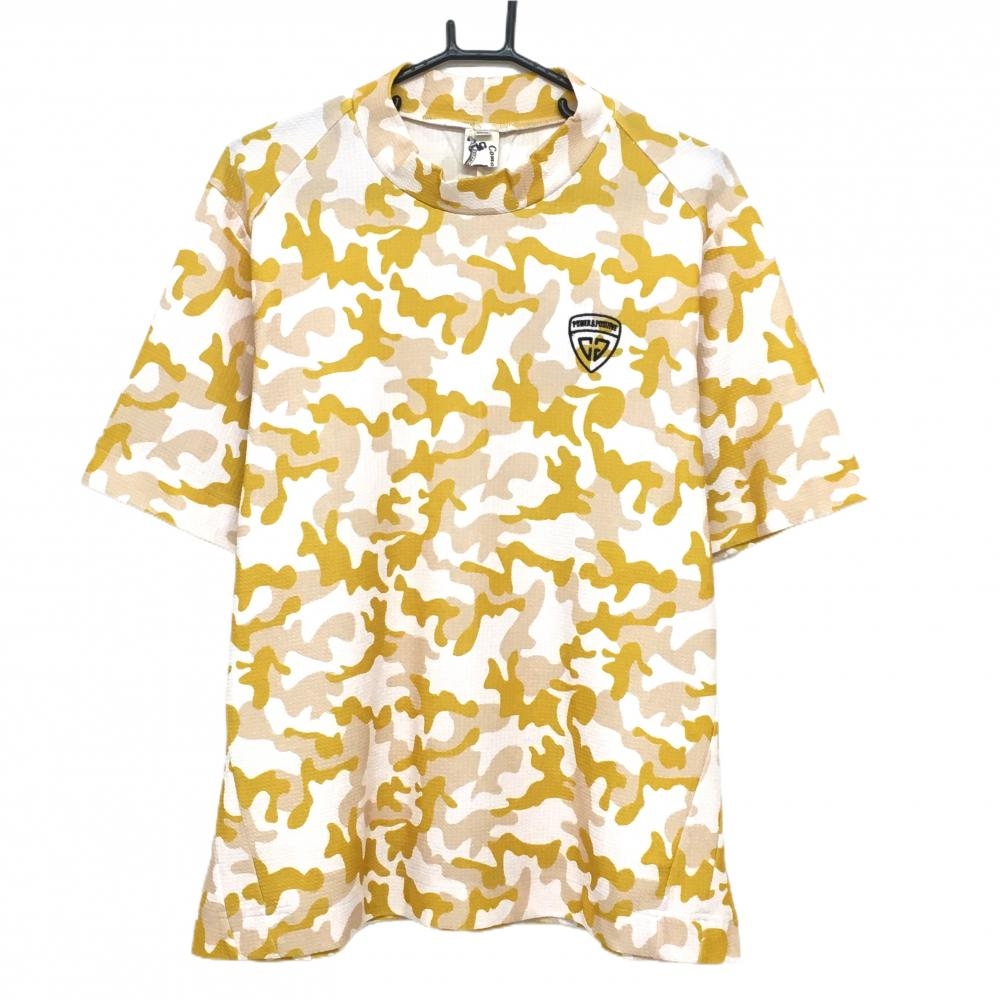 【超美品】コモンゴルフ 半袖ハイネックシャツ 白×マスタードイエロー カモフラ柄  メンズ XXXL ゴルフウェア 大きいサイズ COMON GOLF