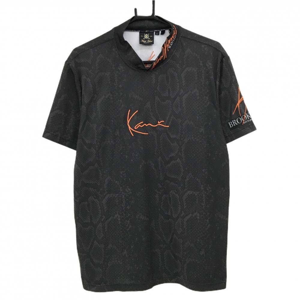 【美品】カールカナイゴルフ 半袖ハイネックシャツ 黒×オレンジ パイソン柄 立体ロゴ刺しゅう メンズ L ゴルフウェア Karl Kani GOLF