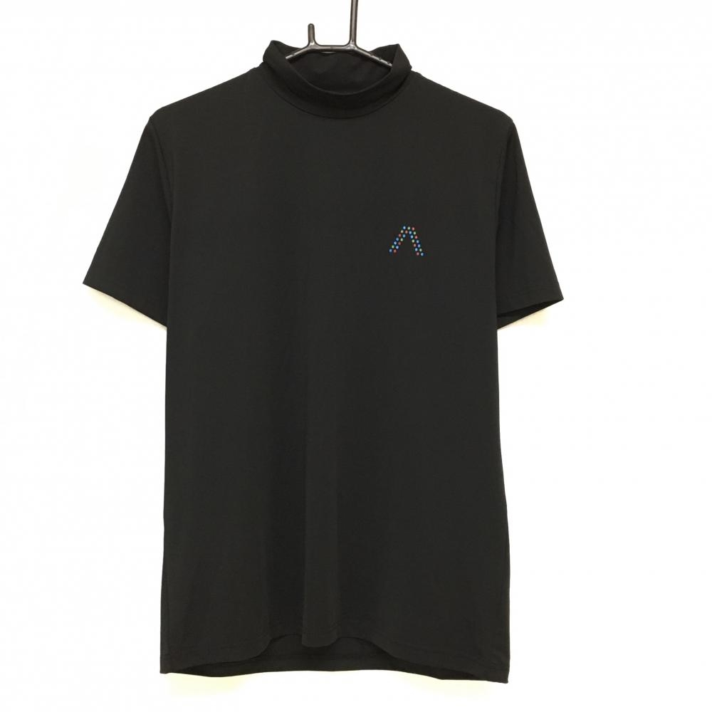 【超美品】アルベルト 半袖ハイネックシャツ 黒 胸プリント メンズ S ゴルフウェア ALBERTO