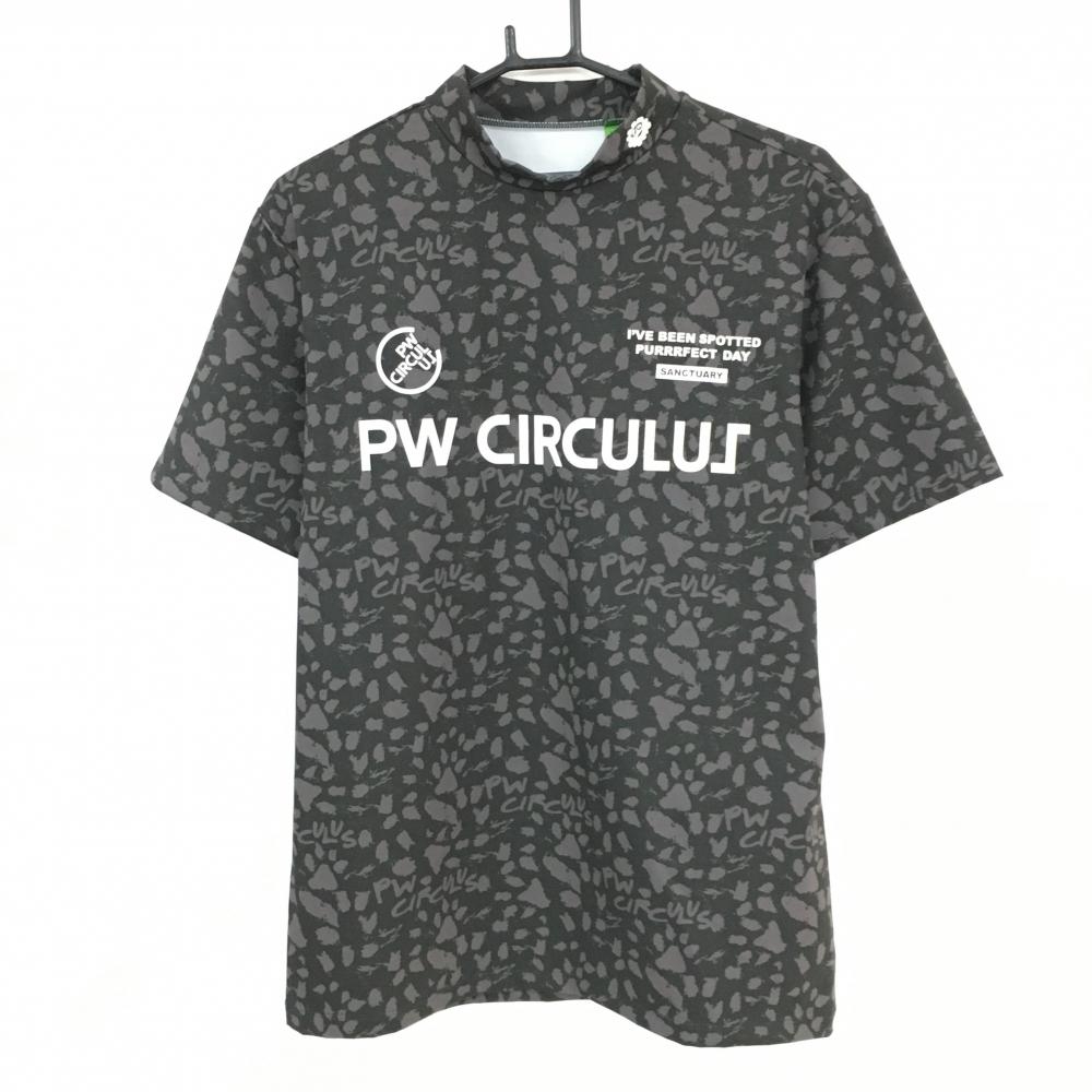 【美品】ピーダブリュサーキュラス 半袖ハイネックシャツ 黒×グレー系 ダルメシアン調総柄 ストレッチ メンズ M ゴルフウェア PW CIRCULUS