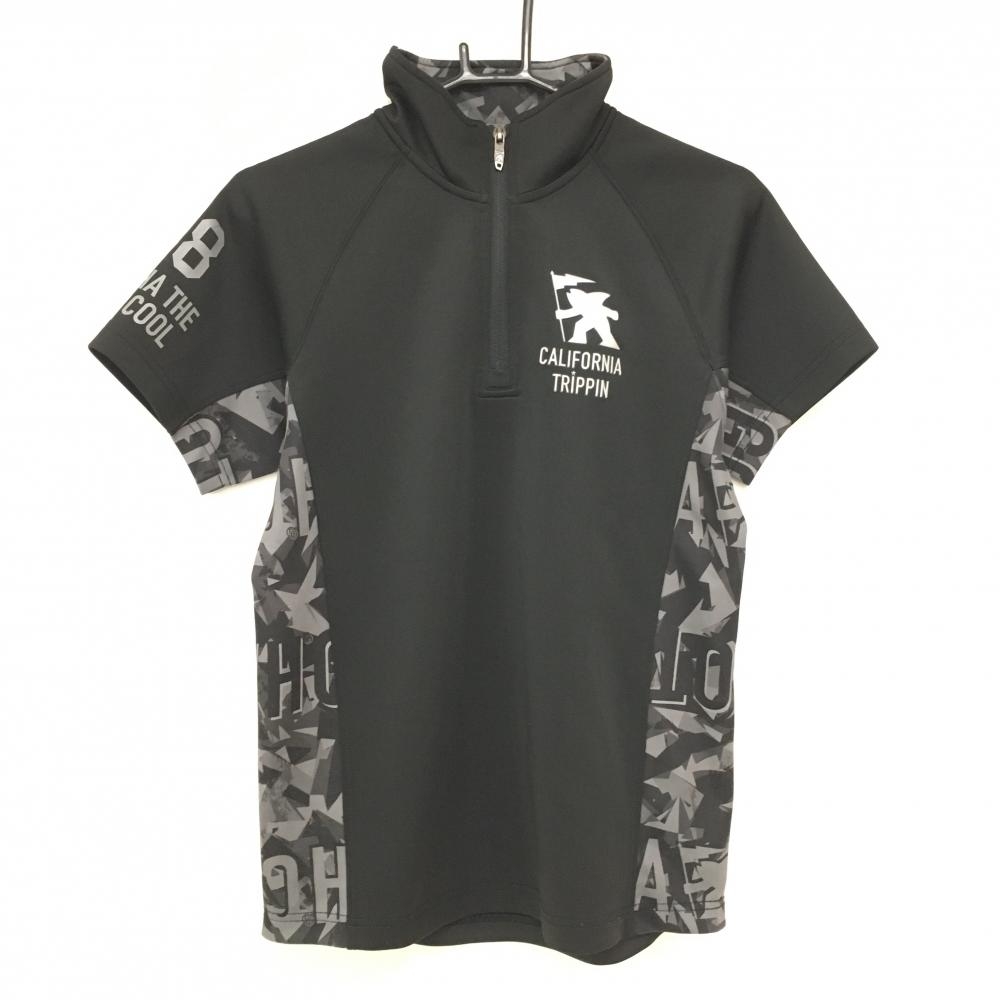 ガッチャゴルフ 半袖ハイネックシャツ 黒×グレー サイド総柄 ハーフジップ  メンズ S ゴルフウェア GOTCHA GOLF
