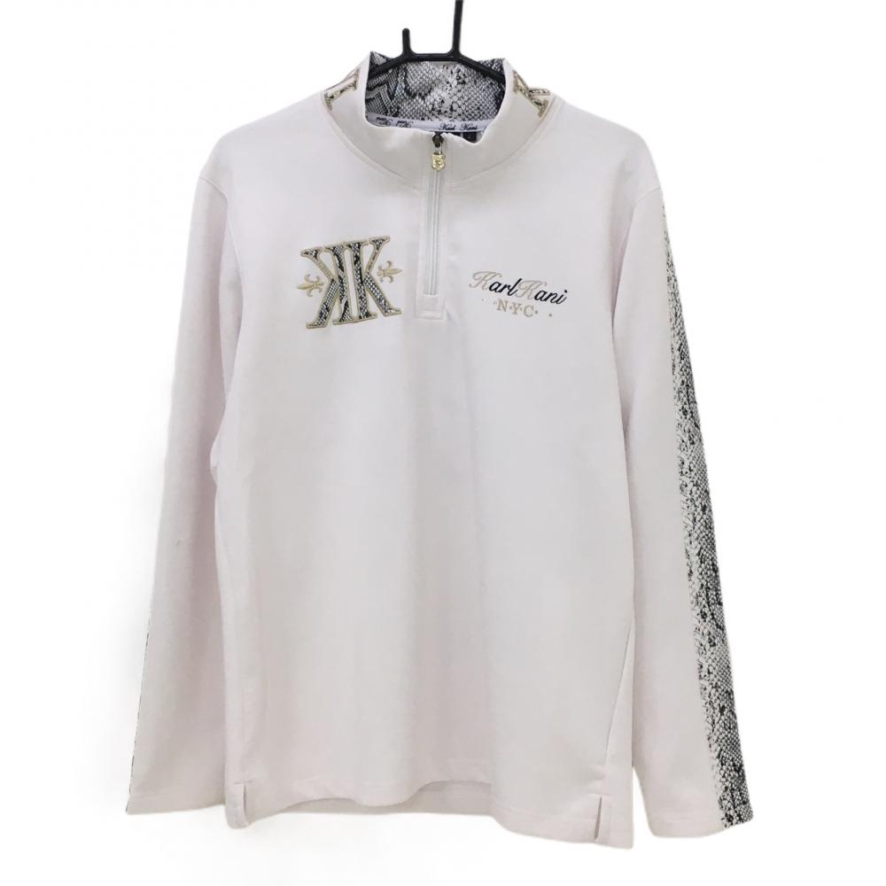 カールカナイ 長袖ハイネックシャツ 白×黒 ハーフジップ ネック裏袖柄  メンズ L ゴルフウェア Karl Kani 画像