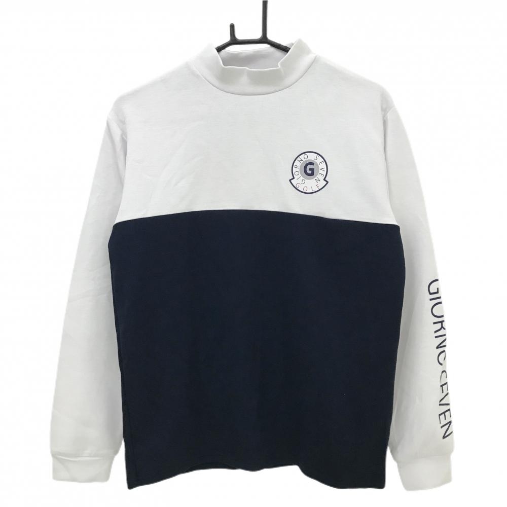 【美品】ジョルノセブン 長袖ハイネックシャツ 白×ネイビー 袖ロゴ  メンズ M ゴルフウェア GIORNO SEVEN