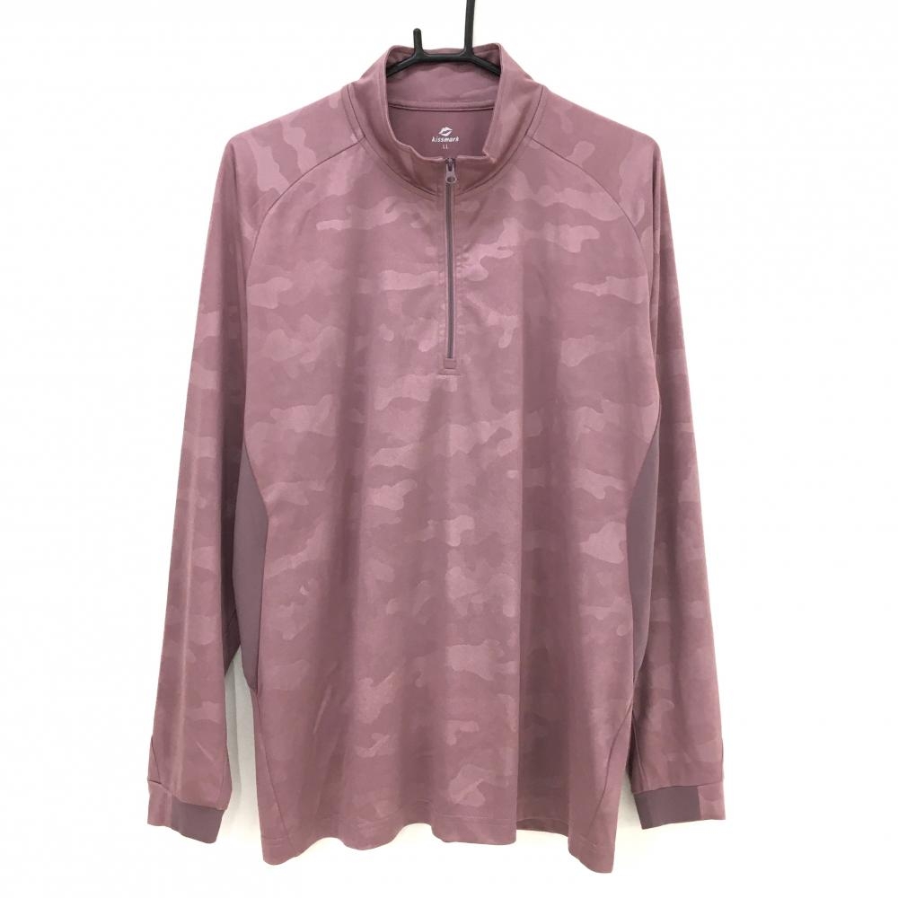 【美品】キスマーク 長袖ハイネックシャツ スモーキーピンク カモフラ地模様 迷彩  メンズ LL ゴルフウェア kissmark