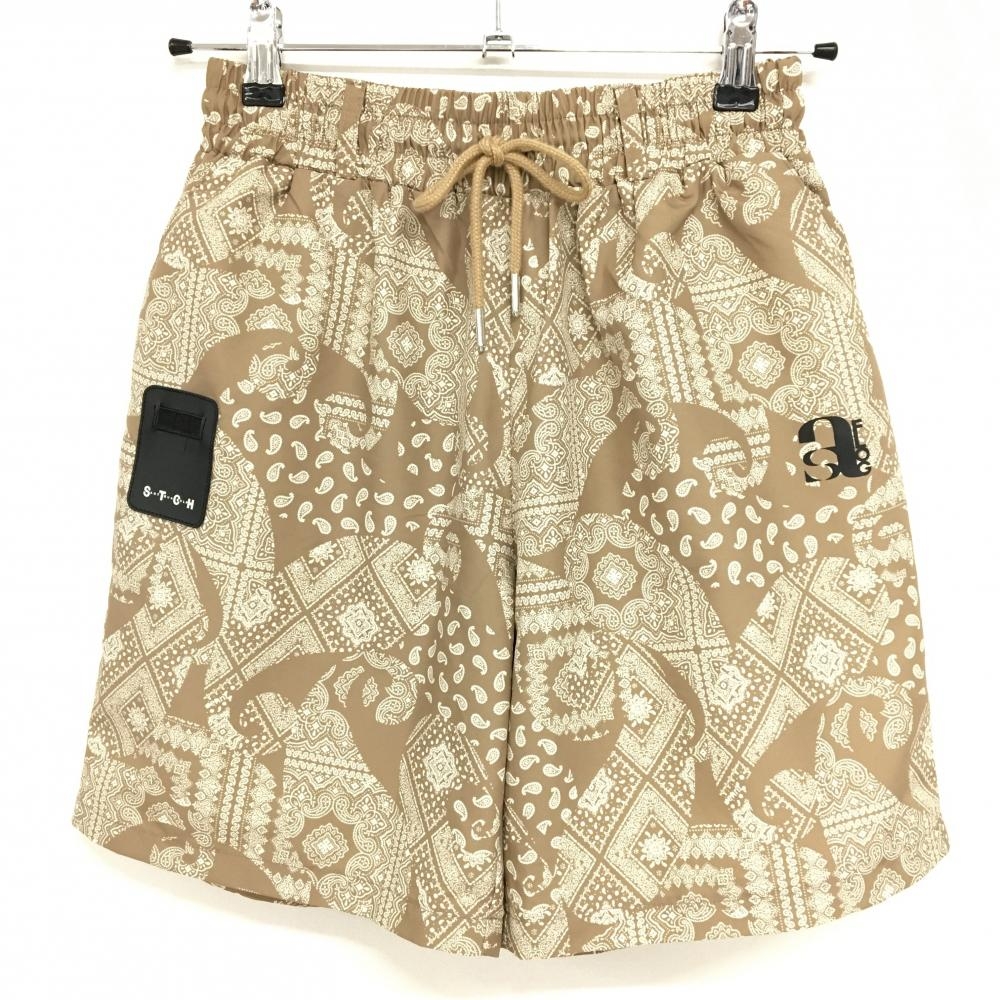 【超美品】セブンティートゥークラブハウス ハーフパンツ ブラウン×白 総柄 ウエストゴム メンズ ML ゴルフウェア STCH