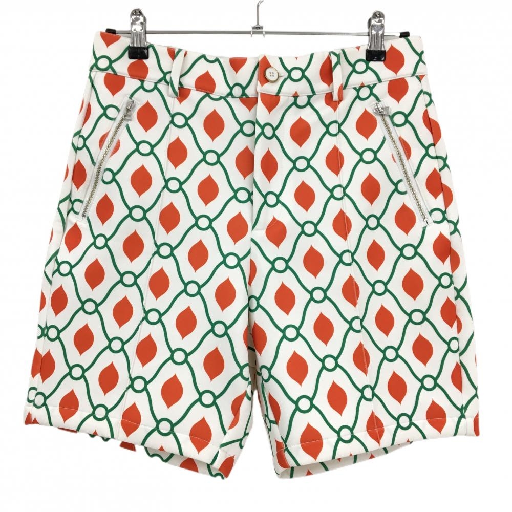 【美品】ノエルレウシール ハーフパンツ 白×レッド×グリーン 総柄 ストレッチ ジップポケット メンズ 2 ゴルフウェア NOEL REUSSIR