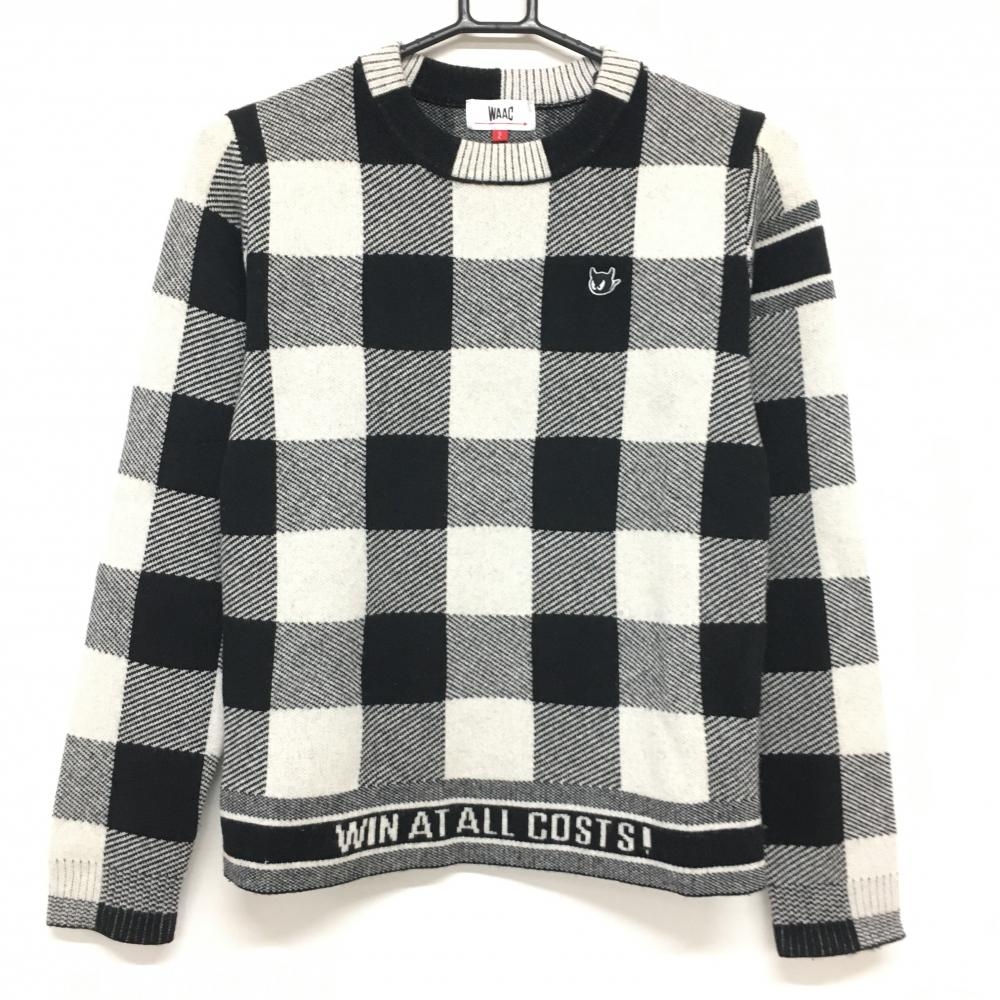 【超美品】ワック セーター 白×黒 チェック カシミヤ混 ニット レディース 2 ゴルフウェア WAAC