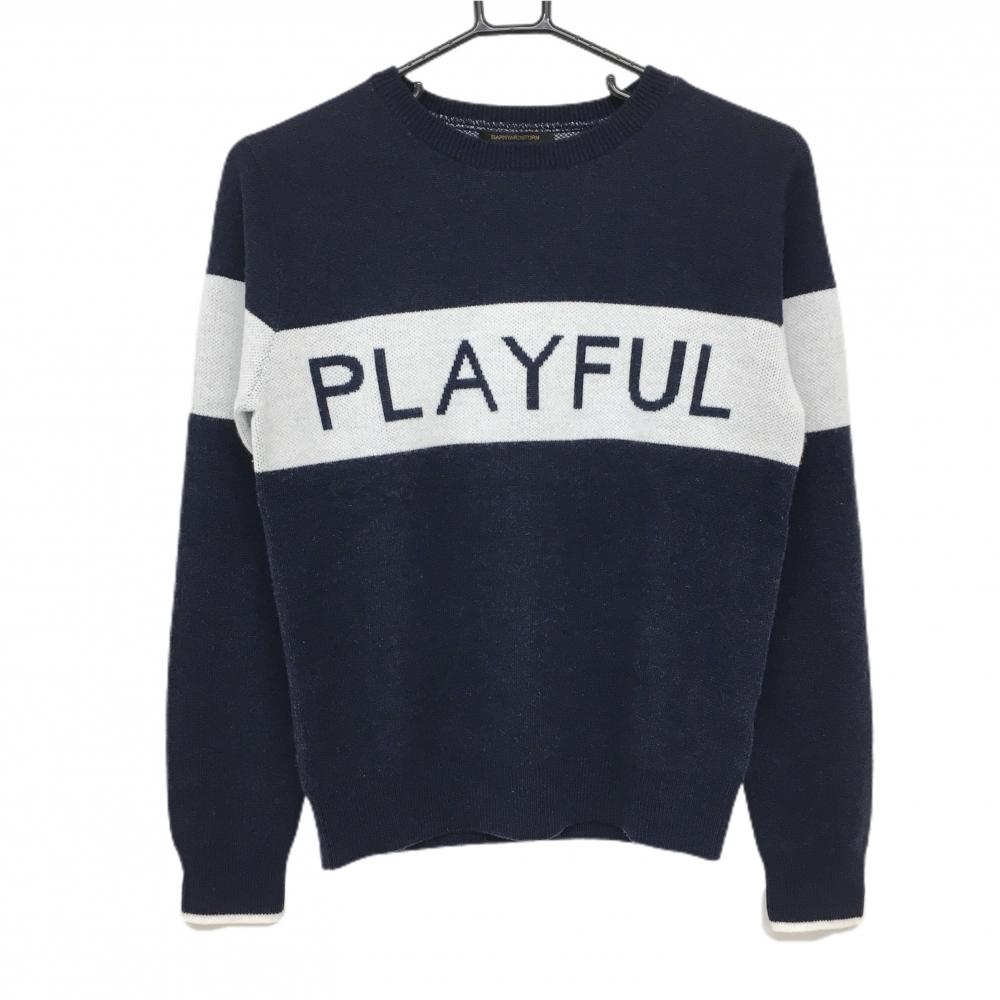 【美品】バンヤードストーム セーター ネイビー×白 フロントロゴ ウール混 ニット レディース 0 ゴルフウェア BARNYARDSTORM