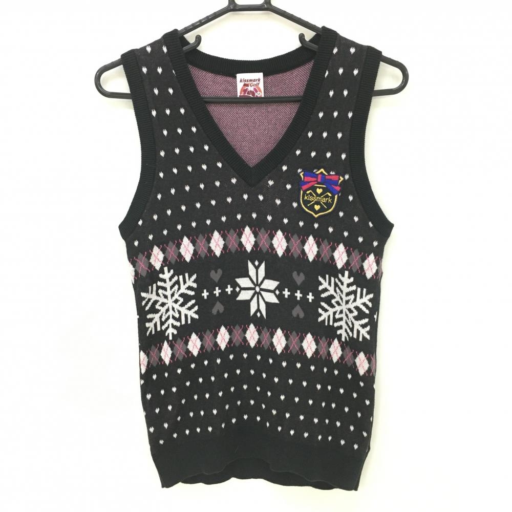 【美品】キスマーク ニットベスト 黒×白×ピンク Vネック アーガイル×ハート レディース M ゴルフウェア kissmarkGOLF