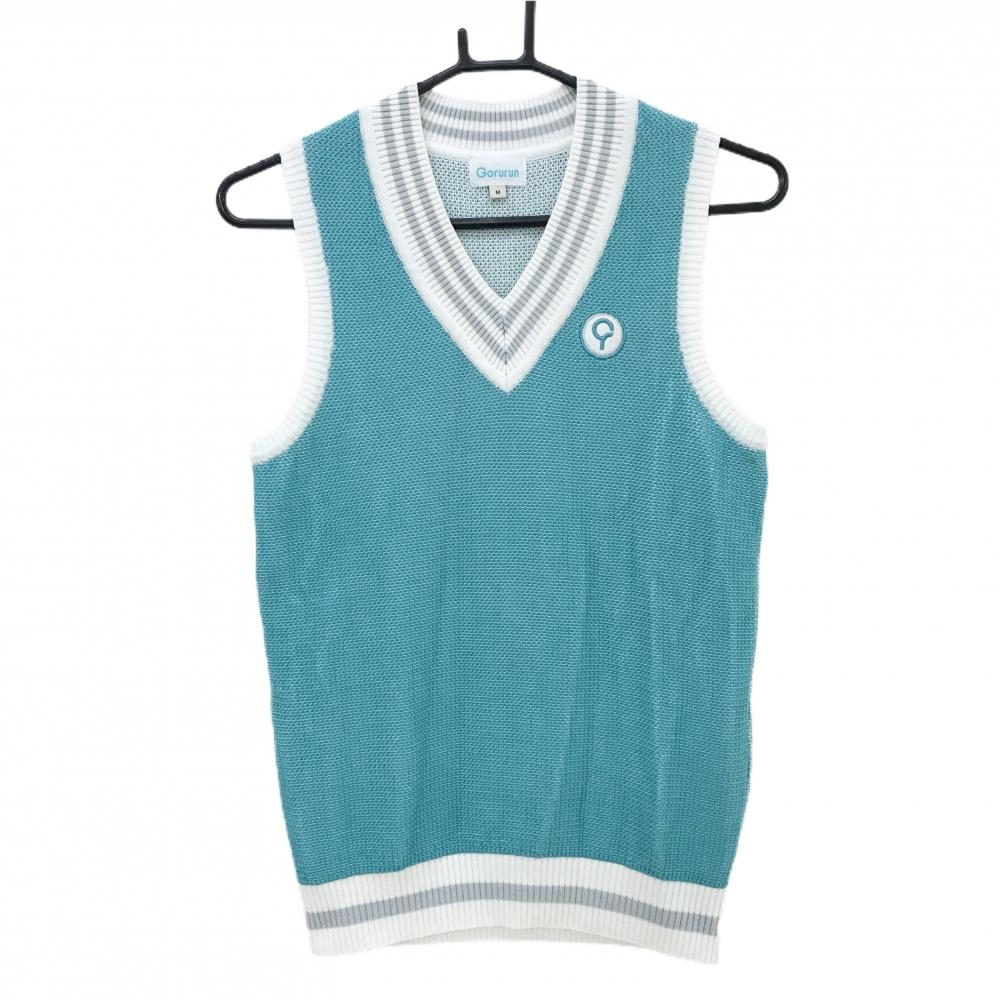 【超美品】ゴルラン ニットベスト ミントグリーン×白 コットン混  レディース M ゴルフウェア Gorurun