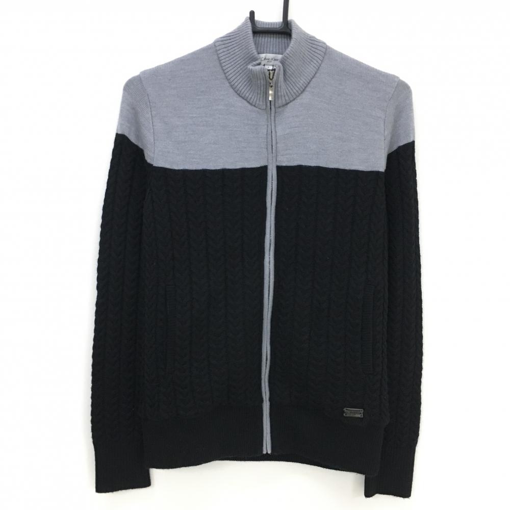 【美品】カルバンクラインゴルフ ニットジャケット 黒×グレー ケーブル編み 裏地付 レディース S ゴルフウェア 