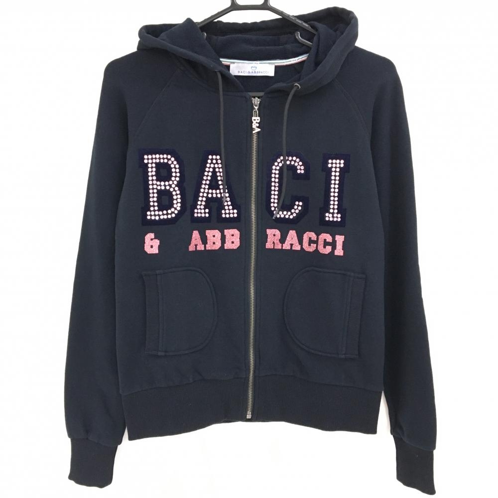 【美品】バッチアンドアブラッチ ジップパーカー 黒×ピンク ラインストーン 裏起毛 ブルゾン レディース M ゴルフウェア BACI&ABBRACCI