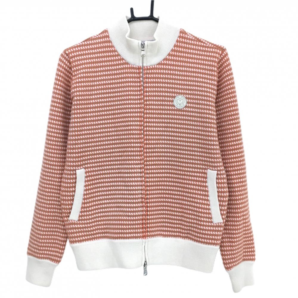 【超美品】ミラショーンスポーツ ニットジャケット オレンジ×ベージュ 総柄 蓄熱裏地  レディース 42 ゴルフウェア mila schon sports