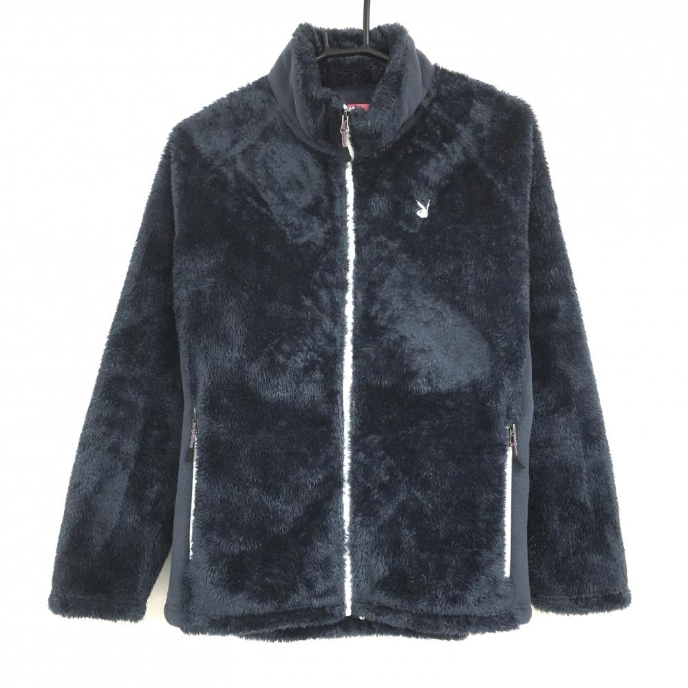 【美品】プレイボーイバニー ボアジャケット ネイビー 胸ロゴ サイド切替  レディース LL ゴルフウェア PLAYBOY