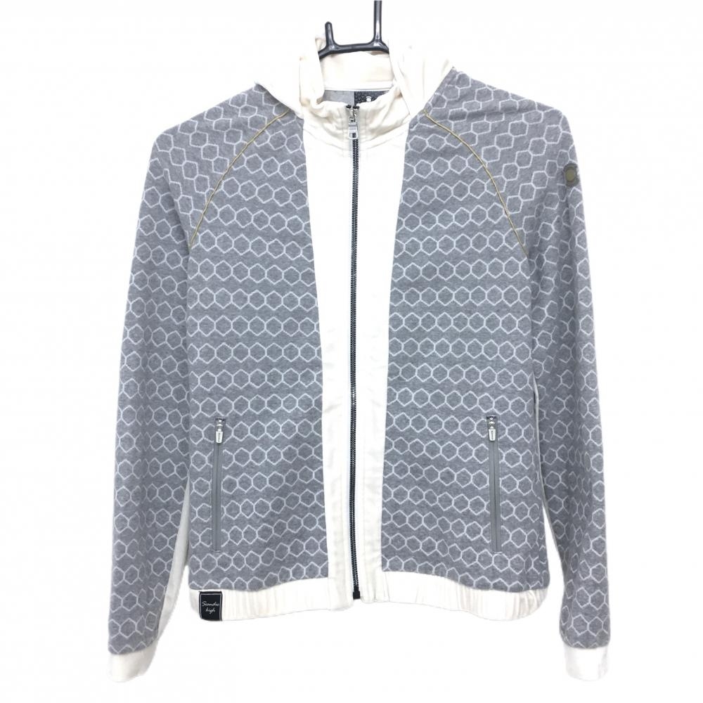 【美品】ワイドアングル ジャケット グレー×白 総柄 韓国モデル 一部ベロア パーカー風  レディース 85 ゴルフウェア Ｗ.ANGLE