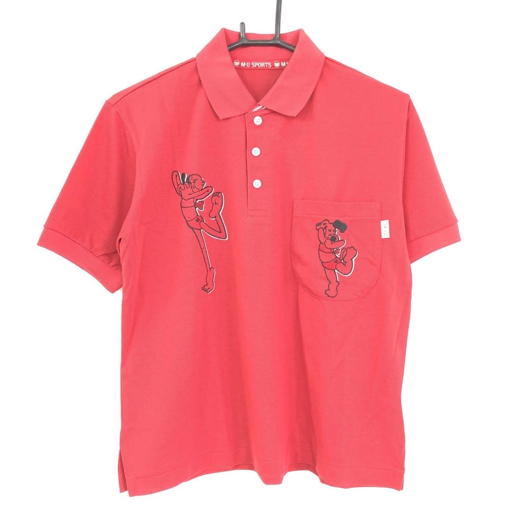 【美品】 エムユースポーツ 半袖ポロシャツ レッド 刺繍 襟裏ボーダー レディース 38[S] ゴルフウェア 画像