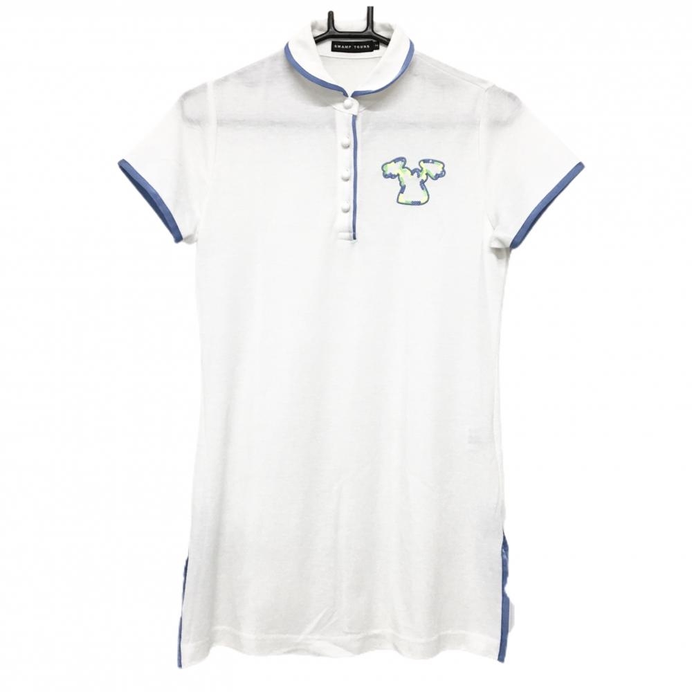 【美品】スワンプツアーズ 半袖ポロシャツ 白×ライトブルー 丸襟 チュニック レディース 2 ゴルフウェア SWAMP TOURS