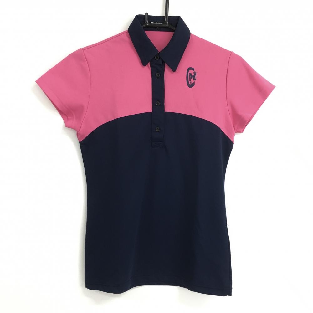 【美品】マイノリティコレクション 半袖ポロシャツ ピンク×ネイビー 背面プリント 切替 レディース F ゴルフウェア MINORITY COLLECTION