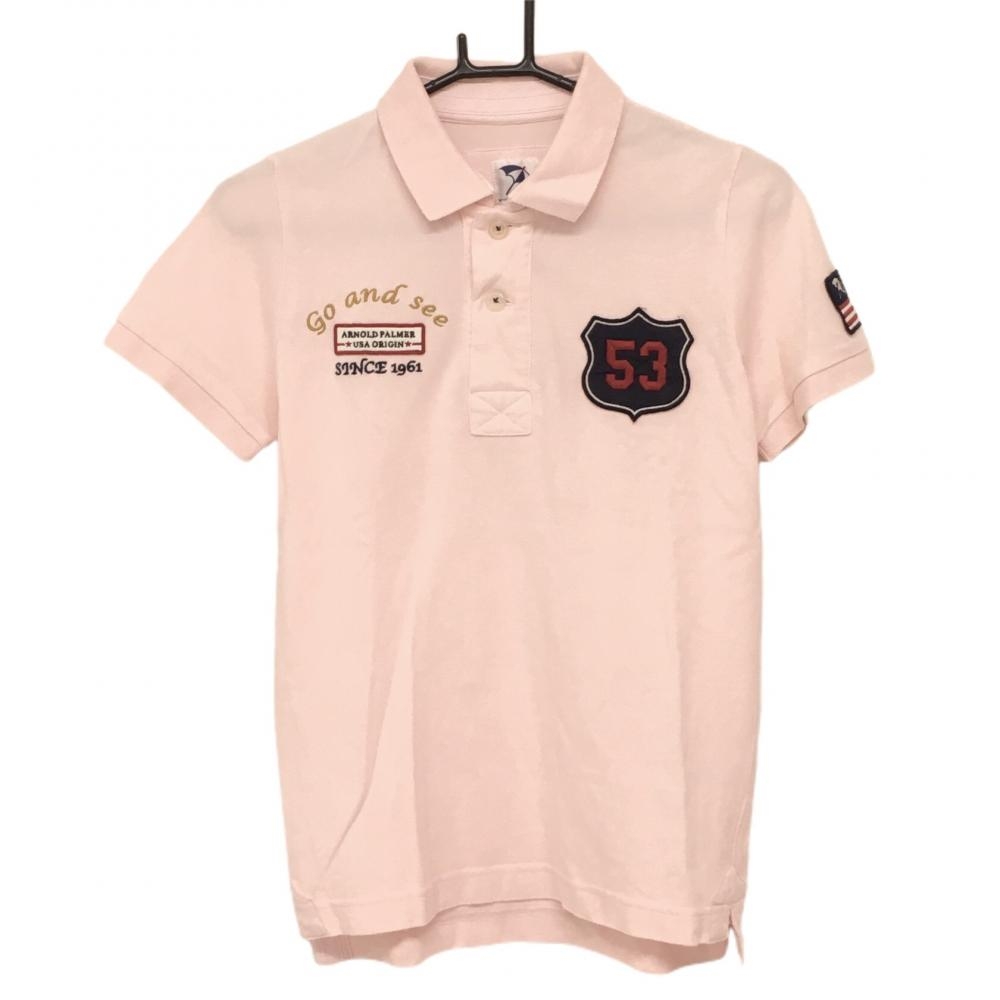 【美品】アーノルドパーマー 半袖ポロシャツ ピンク×ネイビー ビッグワッペン 綿100％ レディース 2 ゴルフウェア Arnold Palmer