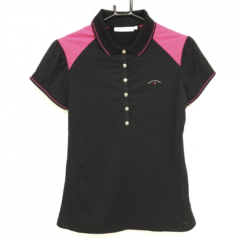 【美品】デイリースポーツ 半袖ポロシャツ 黒×ピンク 袖サイドメッシュ スナップボタン レディース M ゴルフウェア DAILY SPORTS