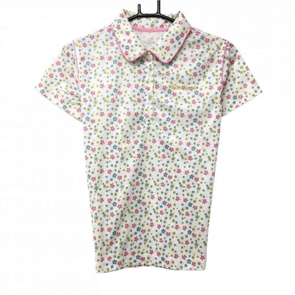 【超美品】キスマーク 半袖ポロシャツ 白×ピンク 花柄 レディース M ゴルフウェア Kissmark
