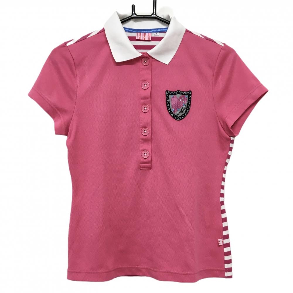 【美品】ビバガール 半袖ポロシャツ ピンク×白 背面ボーダー レディース 2(M) ゴルフウェア viva girl