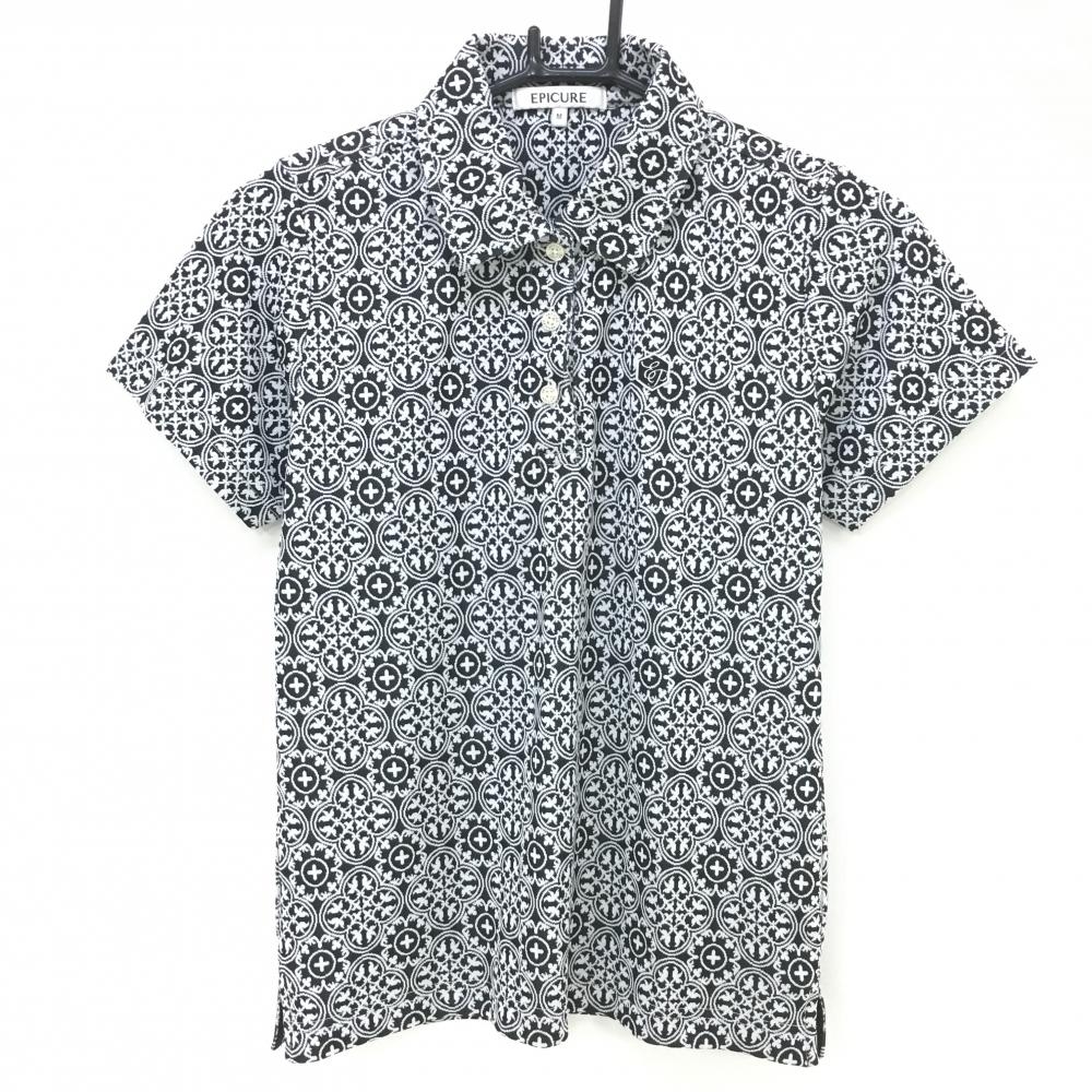 【超美品】エピキュール 半袖ポロシャツ 黒×白 総柄 レディース M ゴルフウェア EPICURE