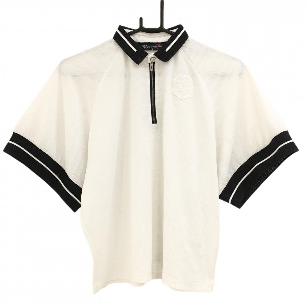 【超美品】エスワイサーティトゥ 半袖ポロシャツ 白×黒 織生地 ハーフジップ レディース L ゴルフウェア 2023年モデル SY32 BY SWEETYEARS