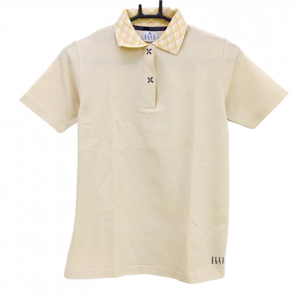 【超美品】エルゴルフ 半袖ポロシャツ ベージュ×ピンク 襟柄  レディース 2 ゴルフウェア ELLE GOLF