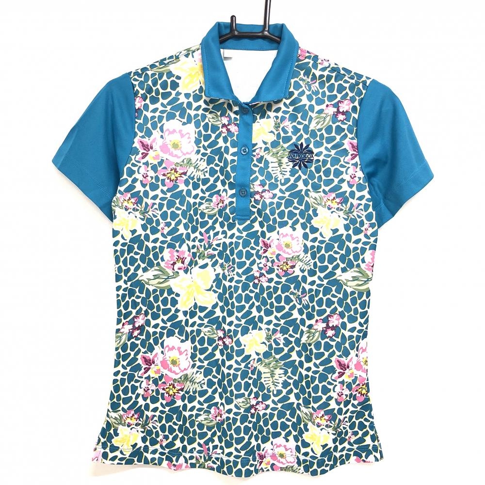 【美品】モントレークラブ 半袖ポロシャツ ブルーグリーン×マルチカラー 身頃花柄 レディース (S) ゴルフウェア 内側ブランド一部はがれ