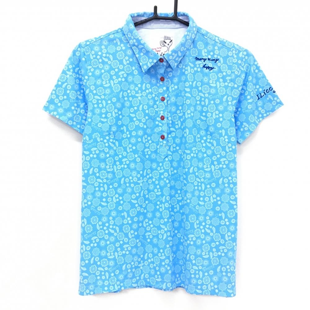 【超美品】イリッカゴルフ 半袖ポロシャツ ライトブルー×白 花柄 リーフ柄 レディース 4 ゴルフウェア ILicca Golf