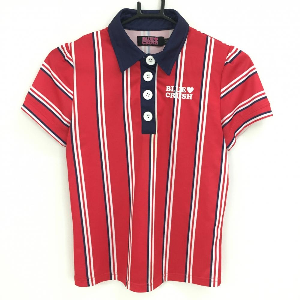 【超美品】ブルークラッシュ 半袖ポロシャツ レッド×白×ネイビー ストライプ ロゴ刺しゅう レディース M ゴルフウェア BLUE CRUSH