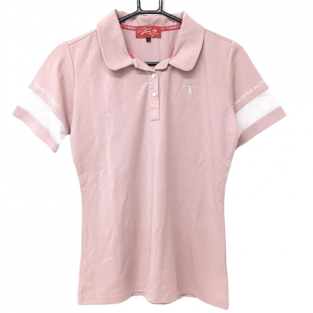 【美品】T-MAC 半袖ポロシャツ ピンク×白 袖一部メッシュ ロゴ刺しゅう レディース L ゴルフウェア ティーマック