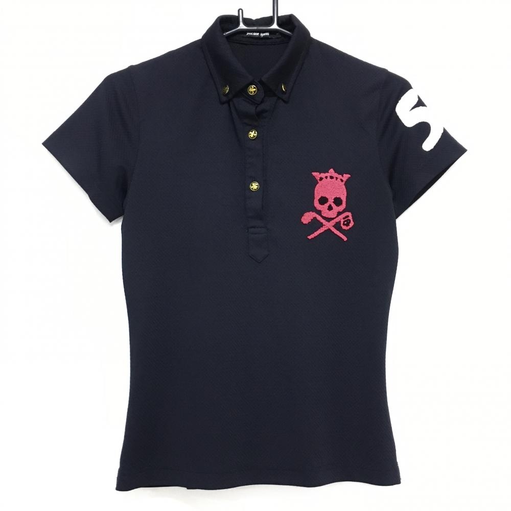 【超美品】バーディハント 半袖ポロシャツ 黒 地模様 スカル ボタンダウン  レディース S ゴルフウェア Birdie hunt