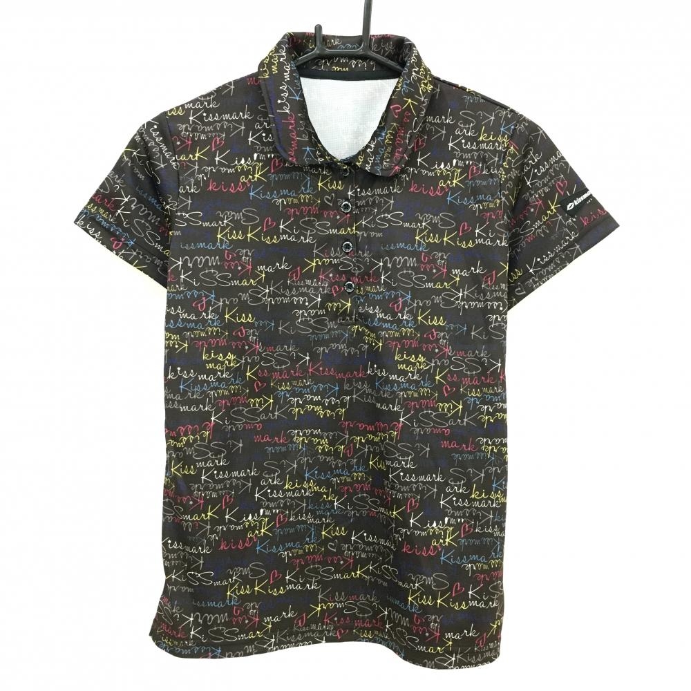 【超美品】キスマーク 半袖ポロシャツ ダークブラウン×マルチカラー ロゴ総柄 レディース M ゴルフウェア kissmark