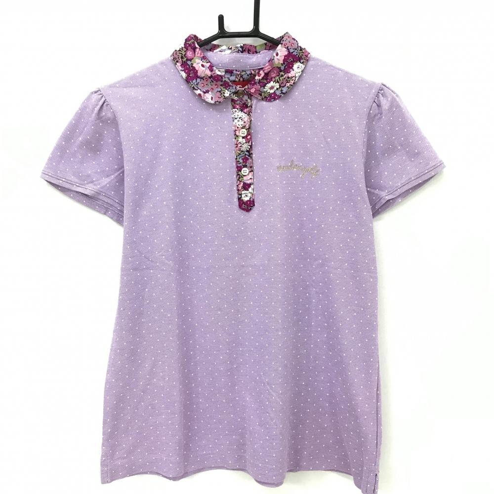 【超美品】マウロアゴルフ 半袖ポロシャツ パープル×白 ドット 襟・前立て花柄 レディース M ゴルフウェア MAULOA GOLF