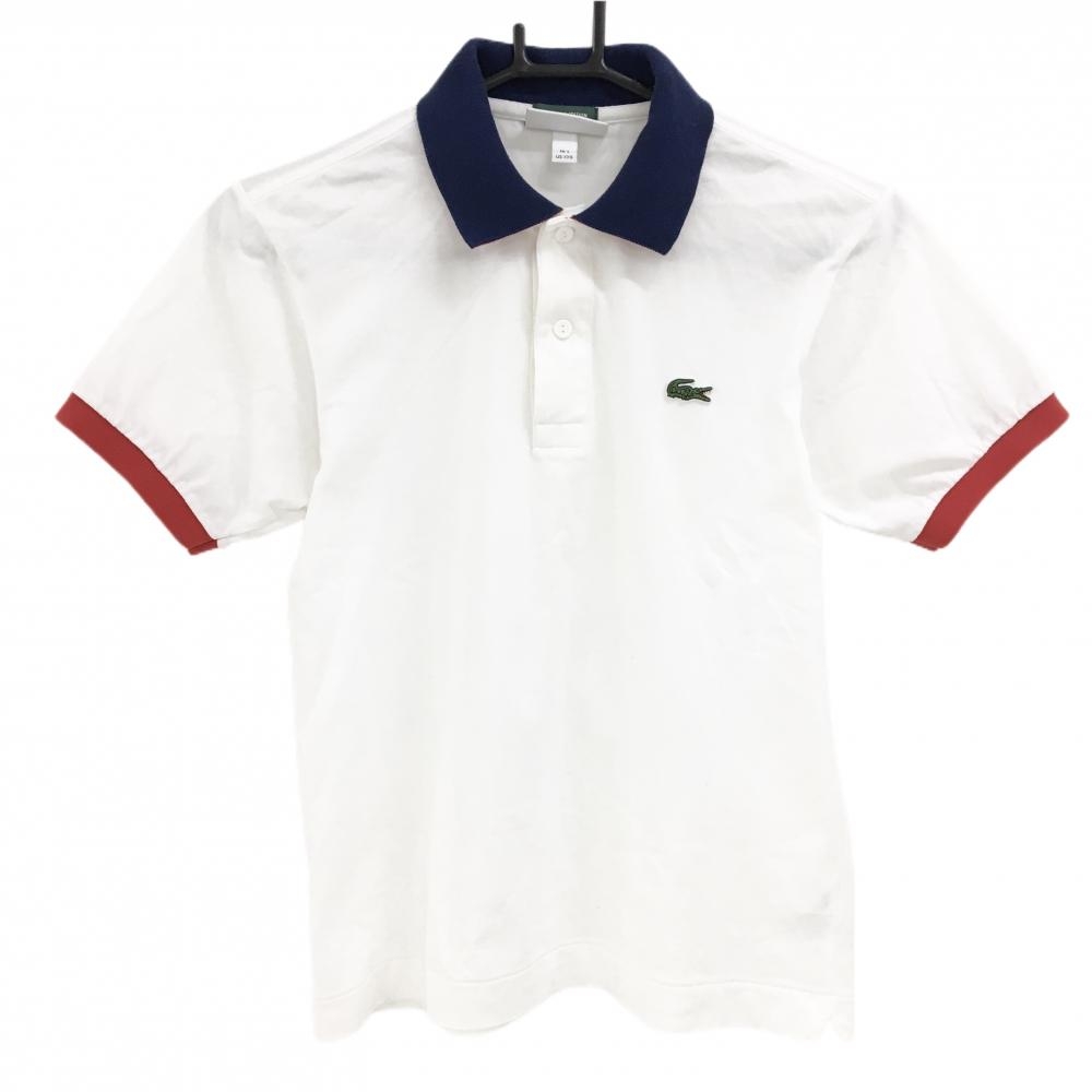 ラコステ 半袖ポロシャツ 白×ネイビー ロゴワッペン レディース US-XXS ゴルフウェア LACOSTE